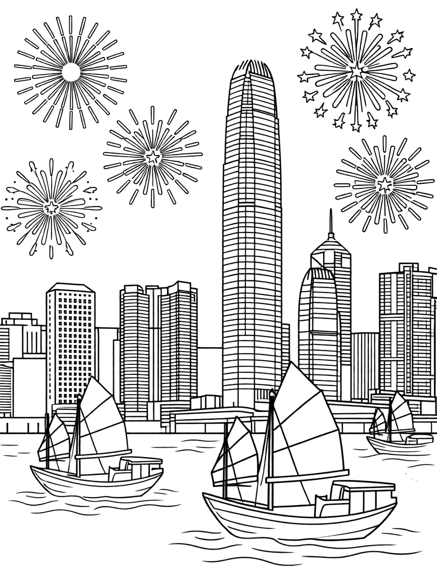 The iconic Victoria Harbour in Hong Kong with tall skyscrapers, traditional junk boats, and fireworks exploding in the sky.