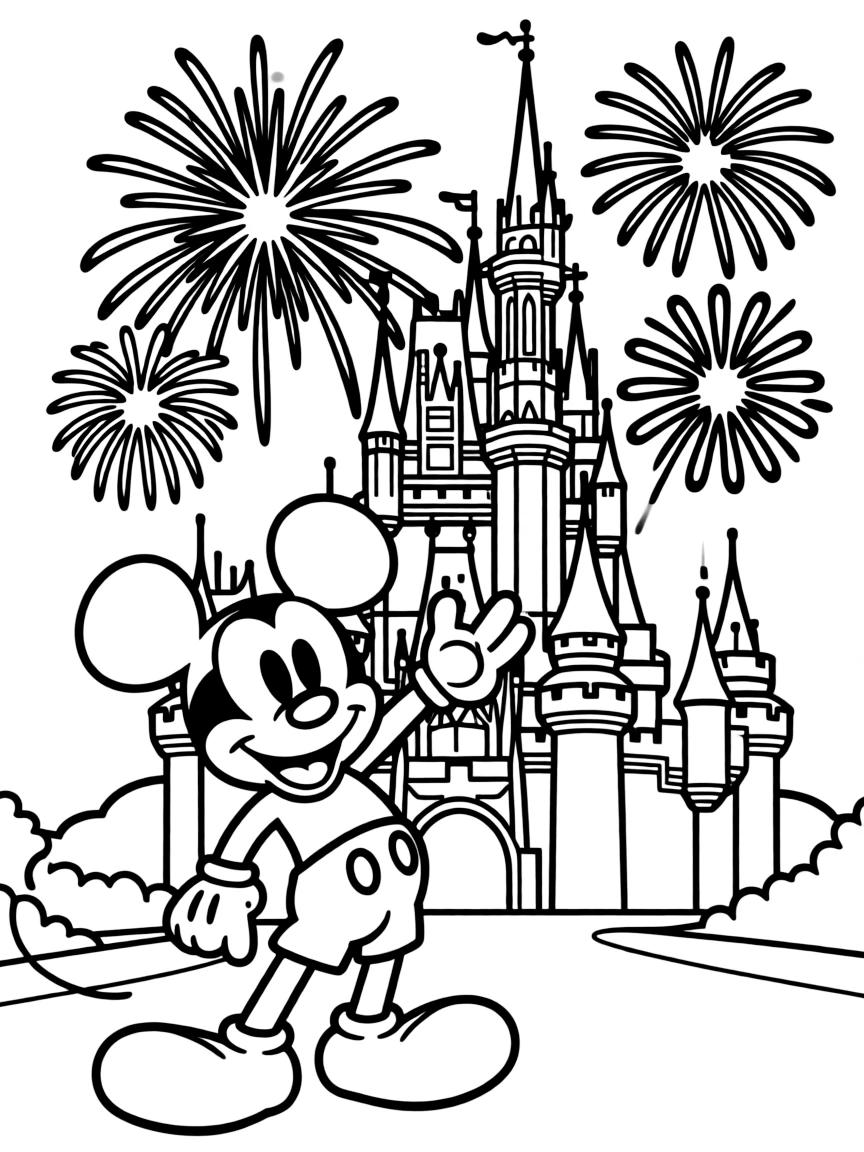 Mickey Mouse smiling and waving, standing in front of Cinderella's castle with fireworks in the background.