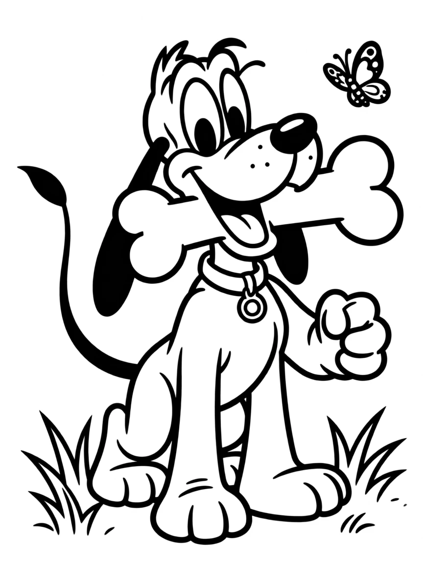 Pluto wagging his tail happily, with a bone in his mouth.