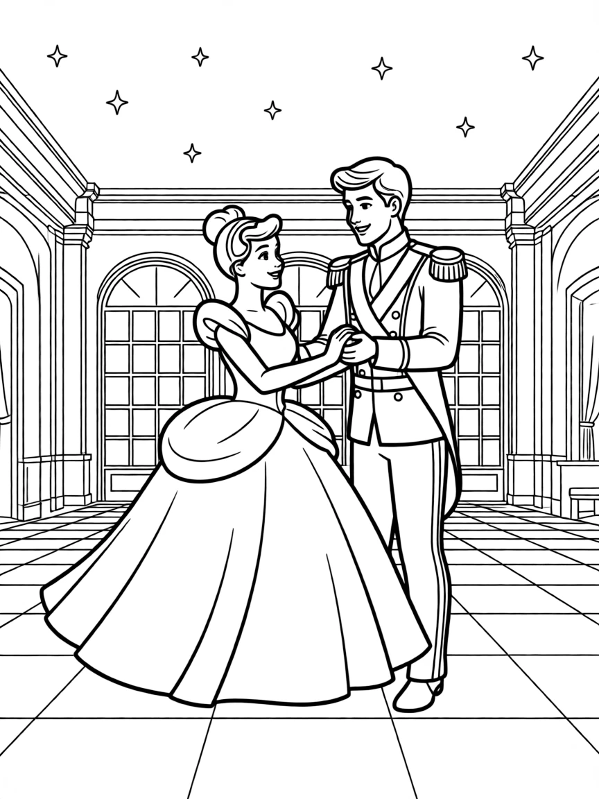 Cinderella dancing with Prince Charming in a grand ballroom, with stars twinkling.