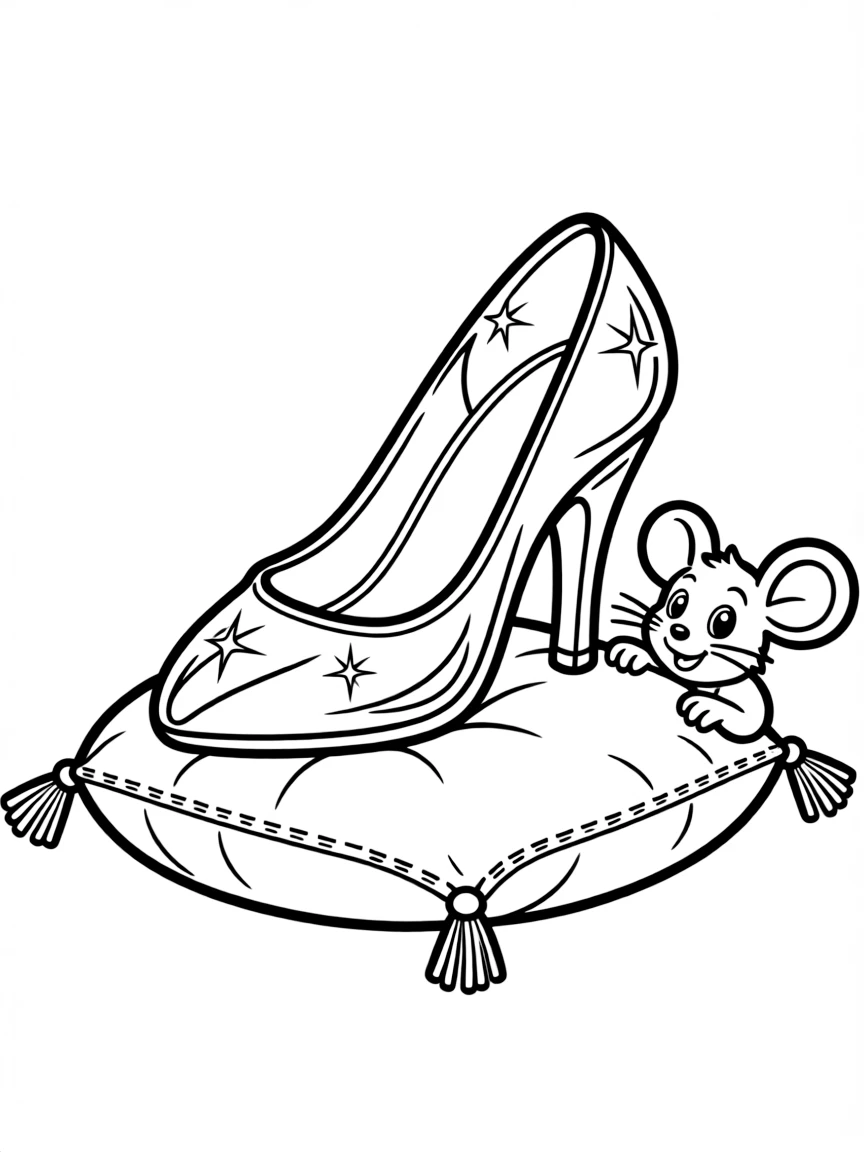 Cinderella's glass slipper sparkling on a cushion, with a little mouse peeking out.