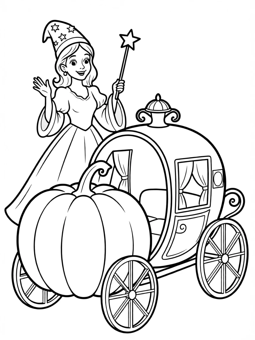 Fairy Godmother waving her magic wand, transforming a pumpkin into a carriage.