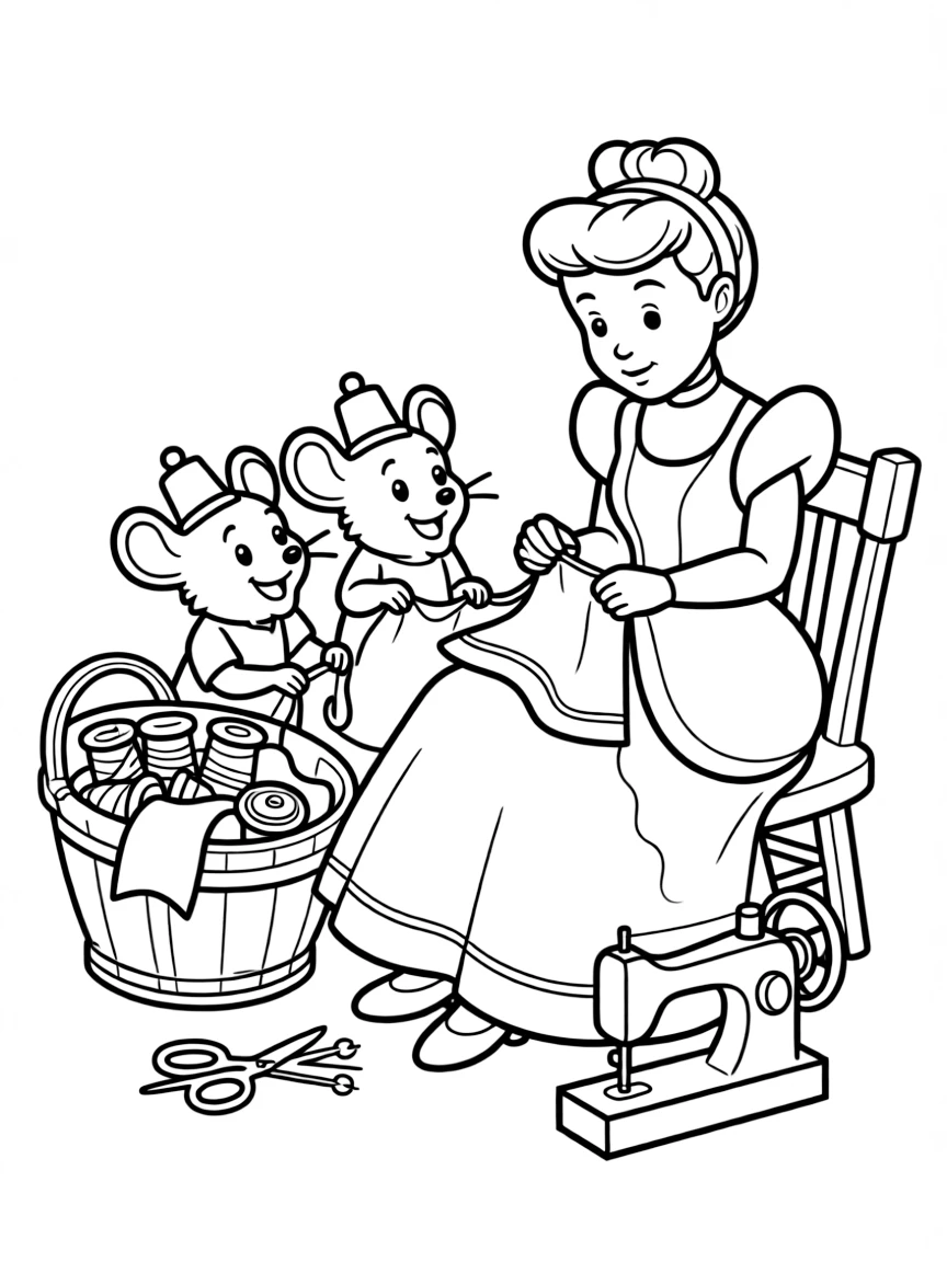 Jaq and Gus, the mice, helping Cinderella sew her dress, with tiny thimbles on their heads.