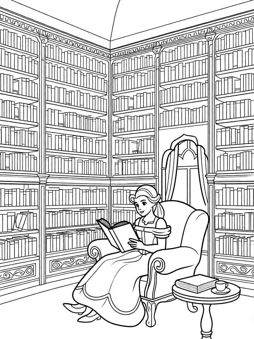Belle reading a book in the Beast's grand library, surrounded by shelves of books.