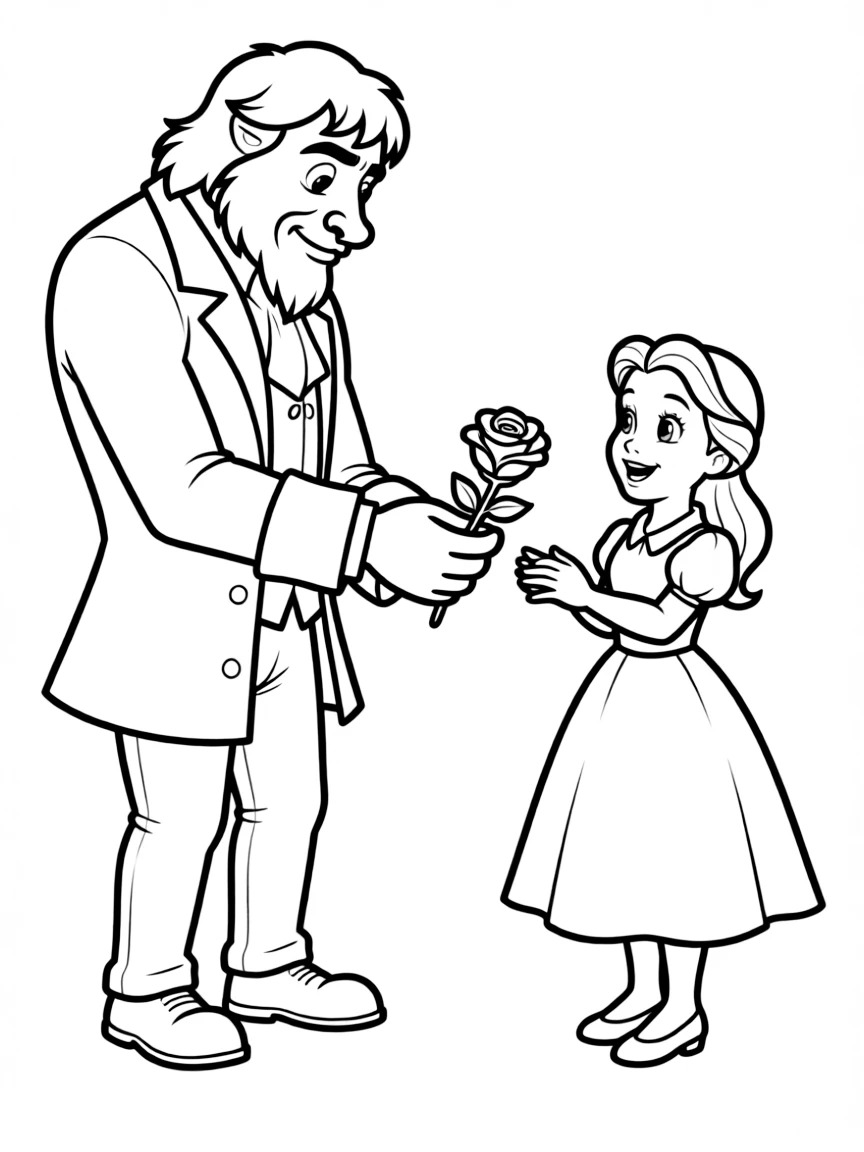 The Beast offering Belle a rose, looking a little shy.