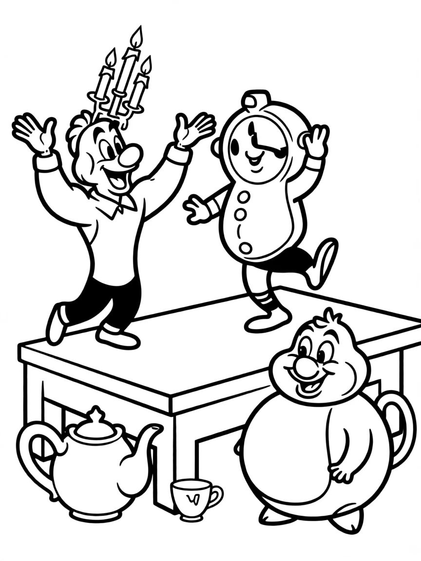 Lumiere and Cogsworth singing and dancing on a table, with Mrs. Potts and Chip watching.
