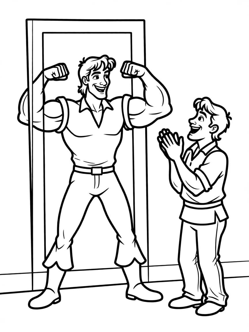 Gaston flexing his muscles and admiring himself in a mirror, with Lefou cheering him on.