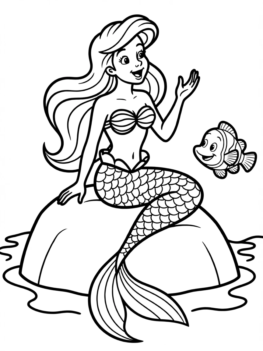 Ariel as a mermaid, sitting on a rock and singing, with Flounder swimming nearby.