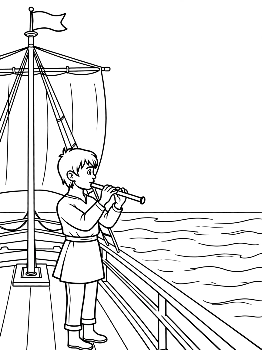 Prince Eric playing his flute on his ship, looking out at the ocean.