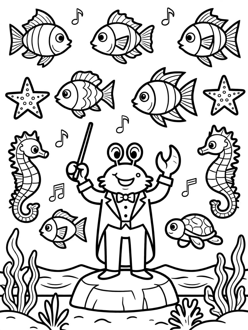 Sebastian the crab conducting a symphony of colorful fish and other sea creatures.