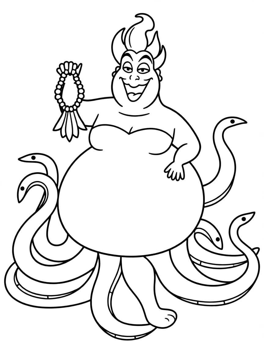 Ursula looking mischievous, holding her seashell necklace and surrounded by eels.