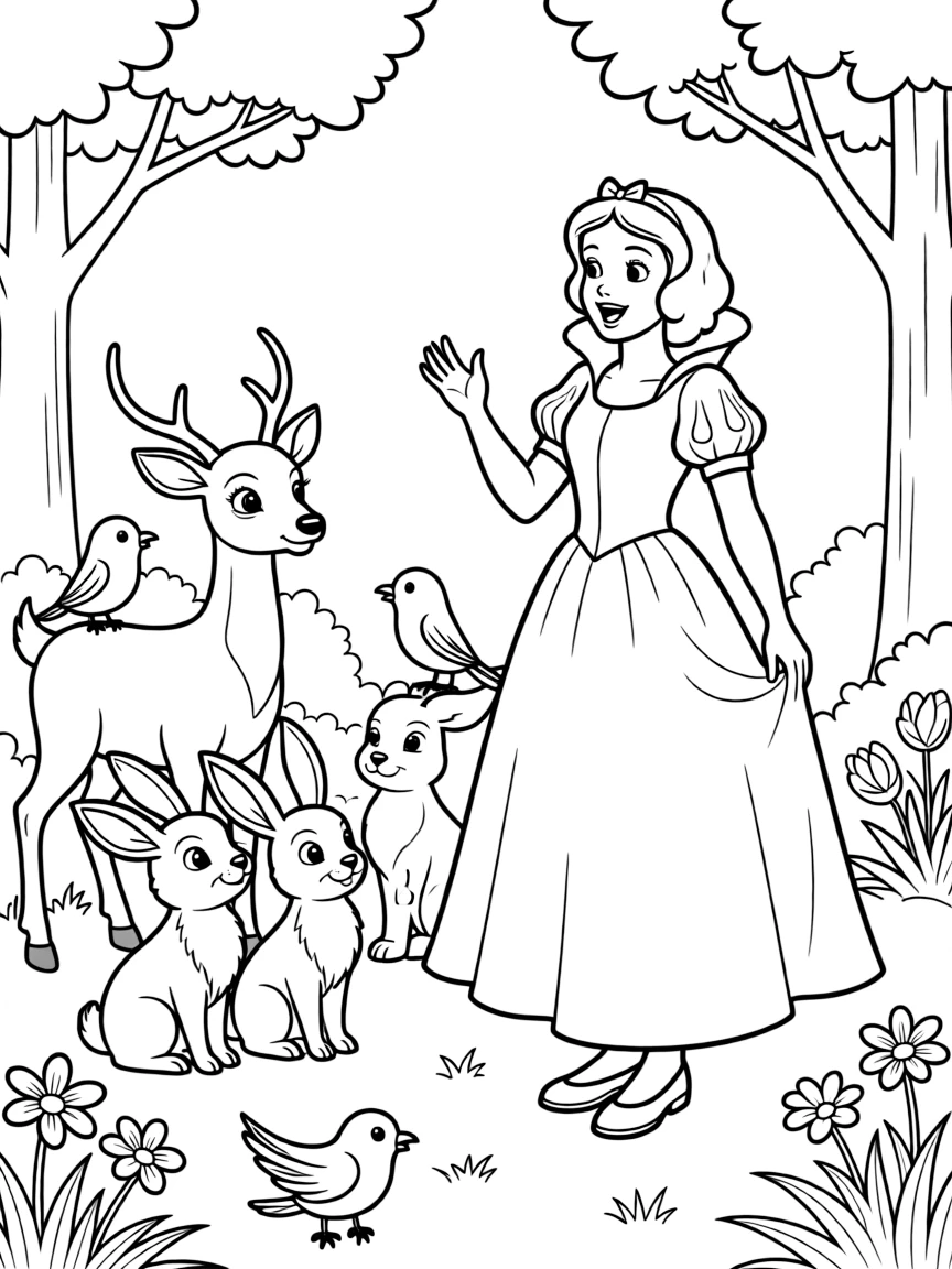 Snow White singing to a group of friendly forest animals, including deer, bunnies, and birds.