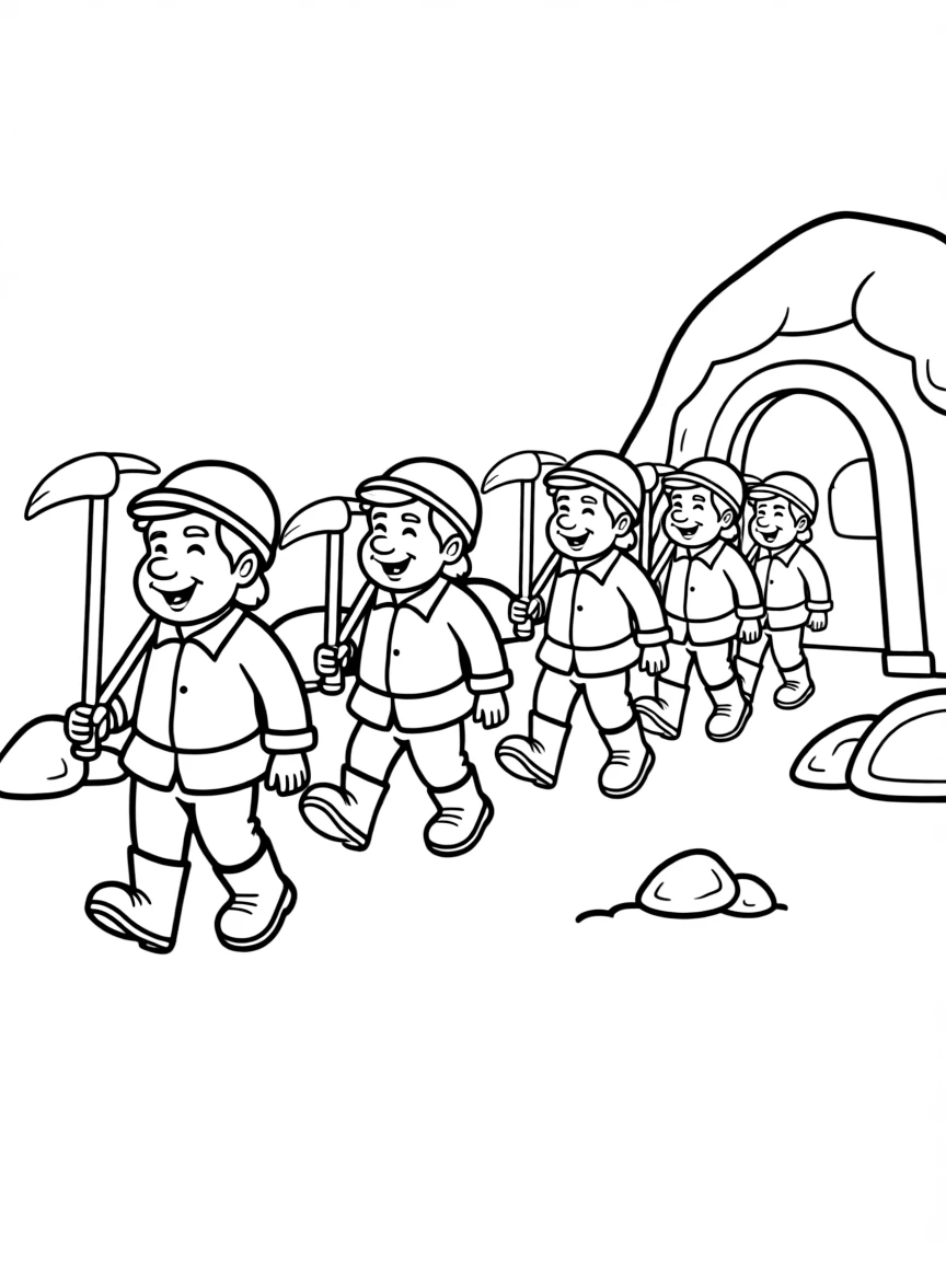 The Seven Dwarfs marching home from the mine, whistling and carrying pickaxes.