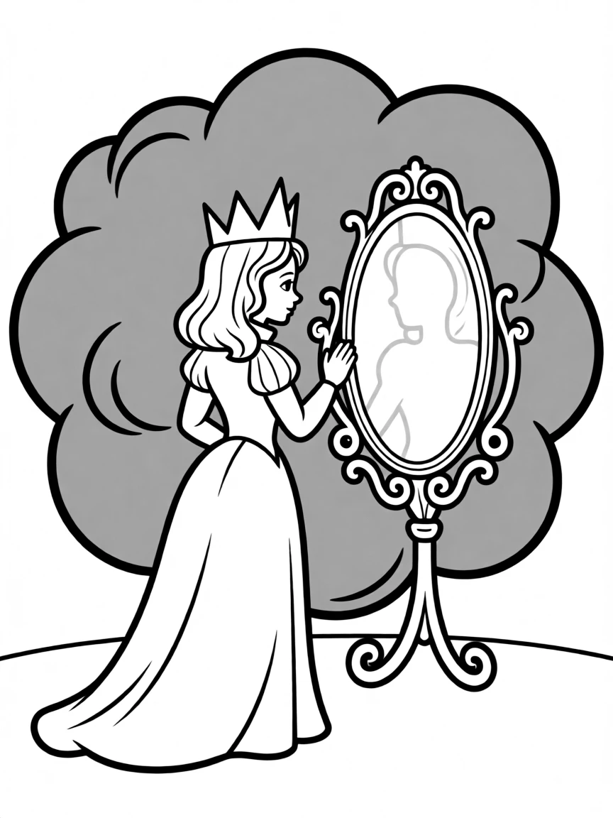 The Evil Queen looking in her magic mirror, with a dark cloud behind her.