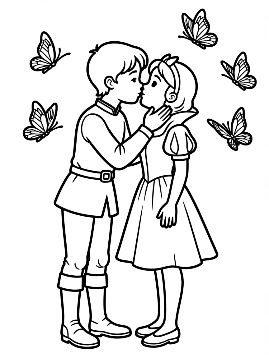 Prince Florian giving Snow White a kiss, with butterflies fluttering around them.