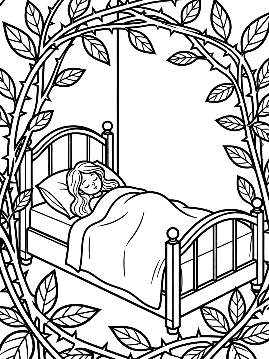 Aurora sleeping peacefully in her bed, surrounded by thorn bushes.