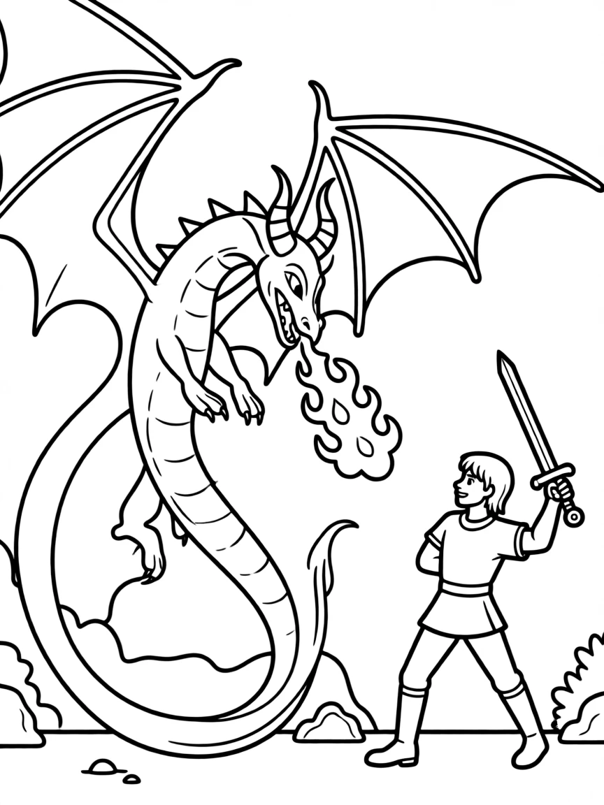 Maleficent as a dragon, breathing fire towards Prince Philip.