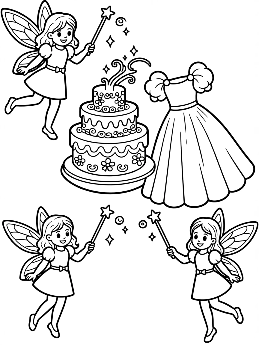 Flora, Fauna, and Merryweather using their wands to make a cake and a dress.