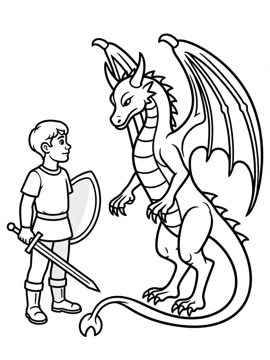 Prince Philip bravely fighting the dragon Maleficent with his sword and shield.