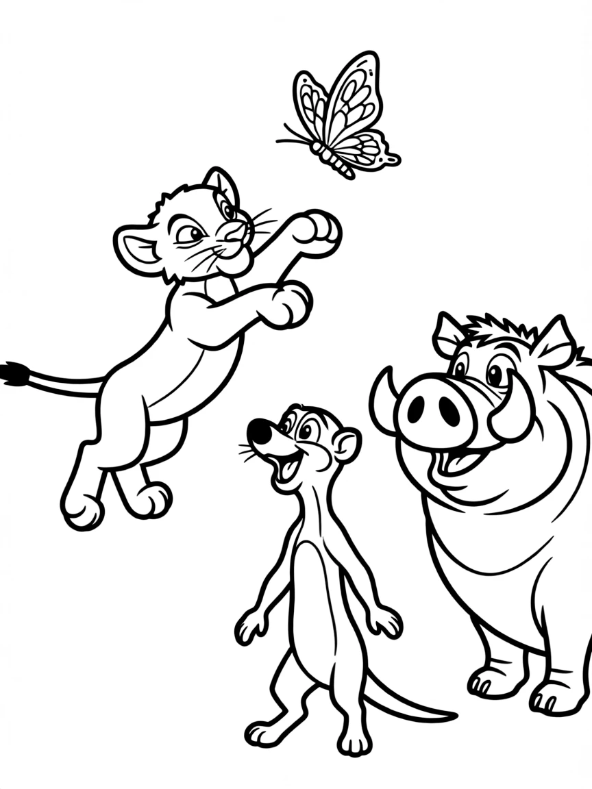 Simba as a cub, playfully pouncing on a butterfly, with Timon and Pumbaa watching.