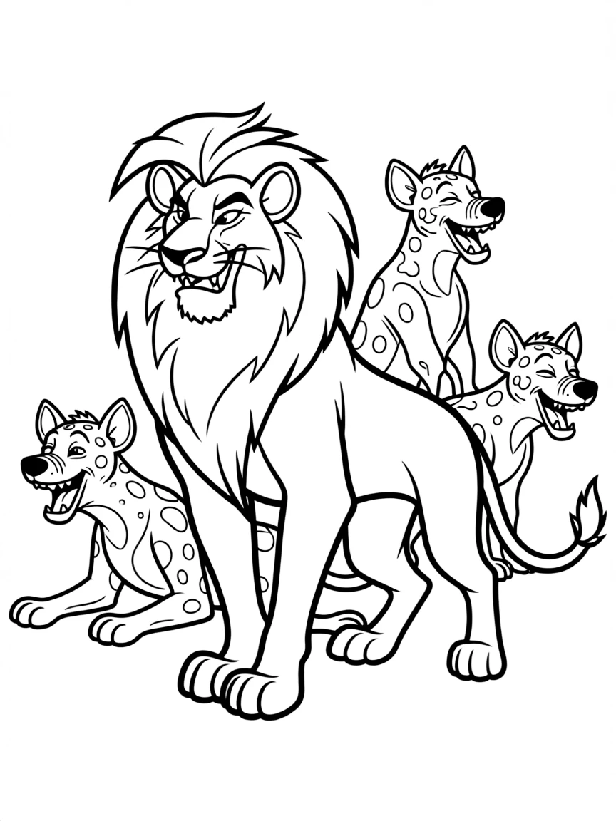 Scar looking sly and dangerous, with his hyena henchmen laughing behind him.