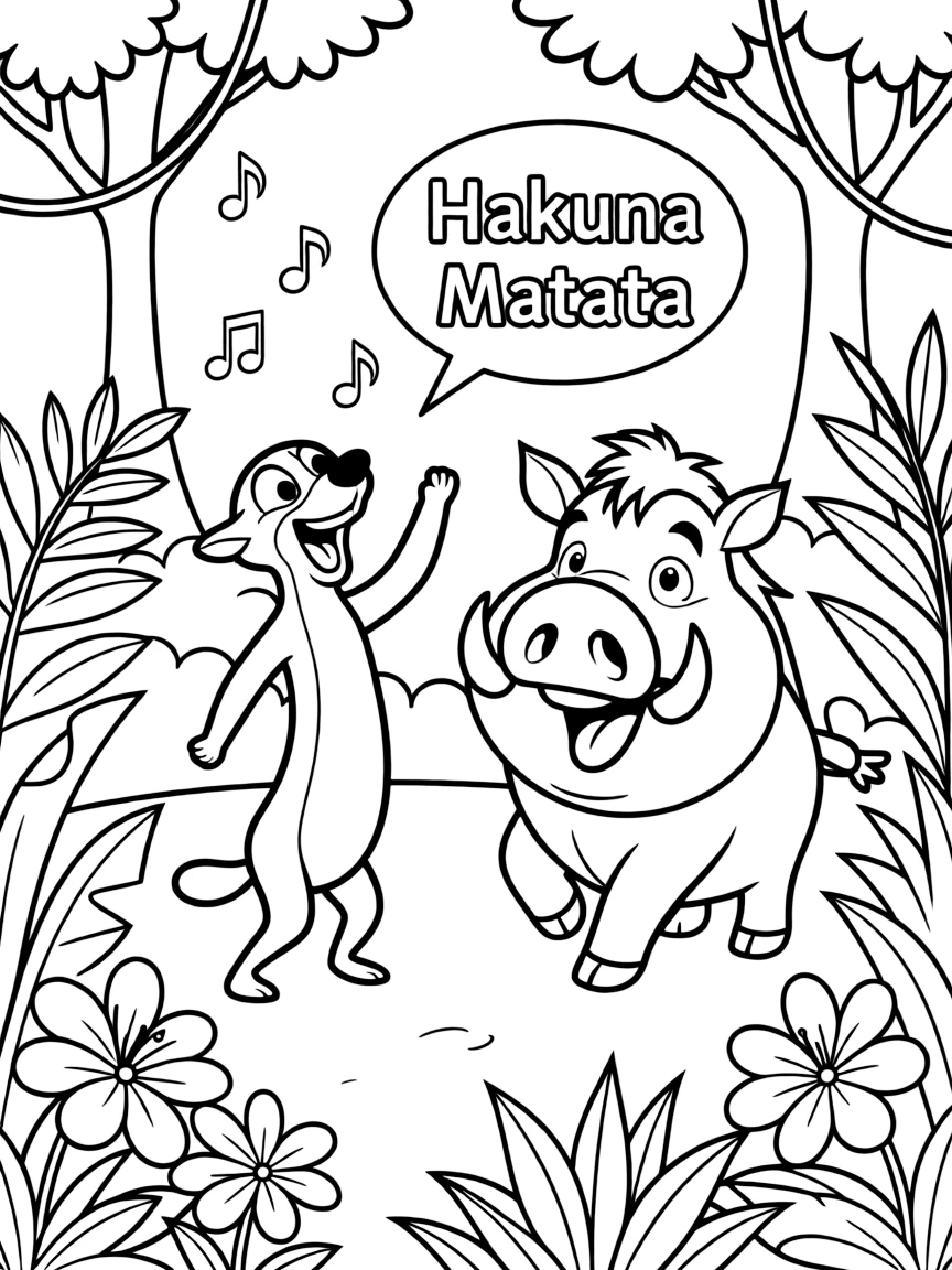Timon and Pumbaa singing "Hakuna Matata" while walking through the jungle.