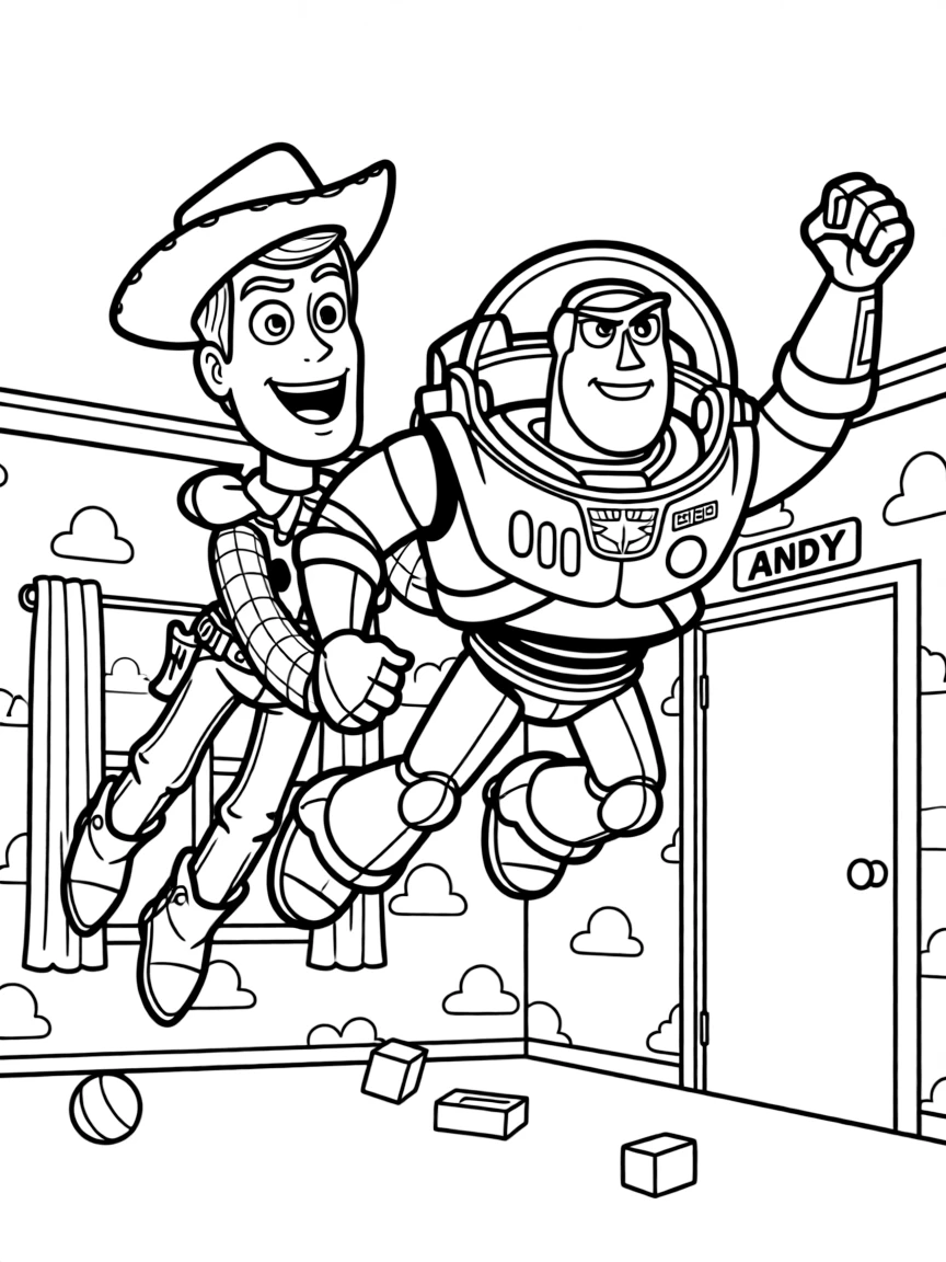 Woody and Buzz Lightyear flying through the air, with Andy's room in the background.