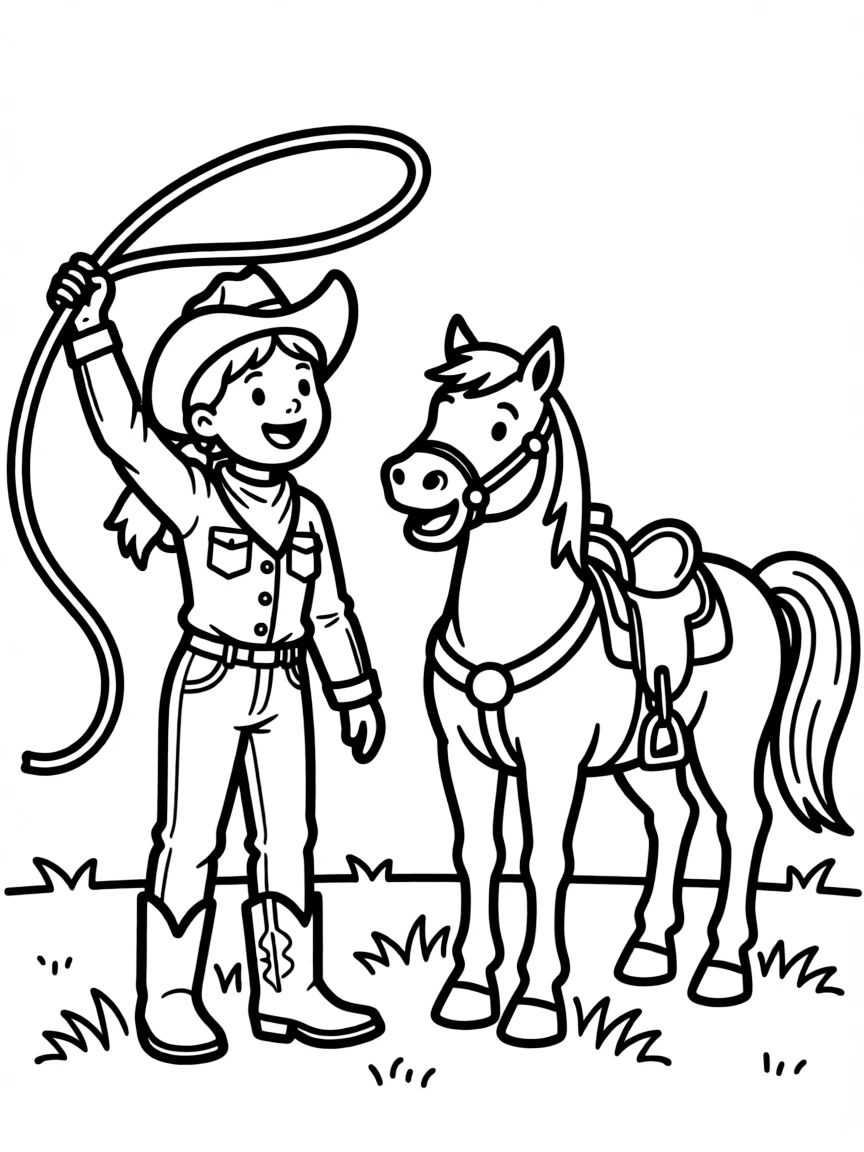 Jessie twirling her lasso, with Bullseye the horse neighing happily.