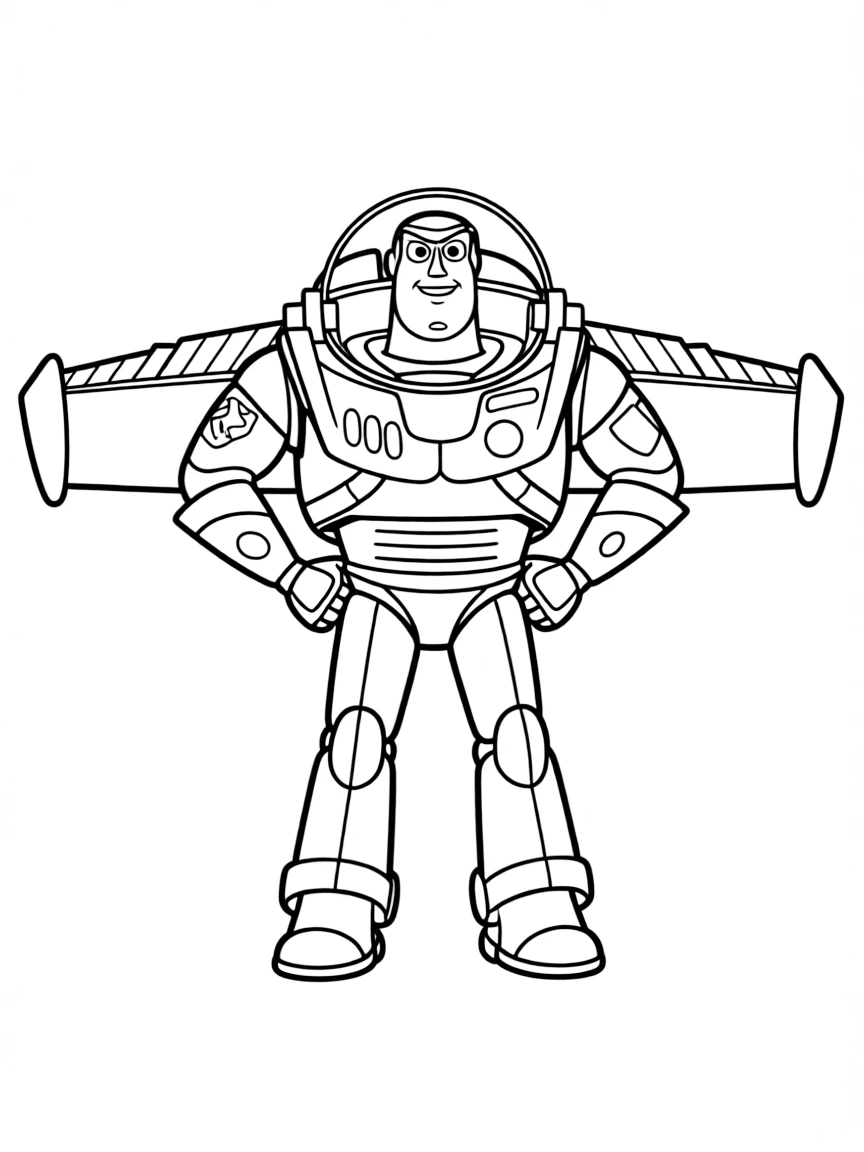 Buzz Lightyear striking a heroic pose, with his wings extended.