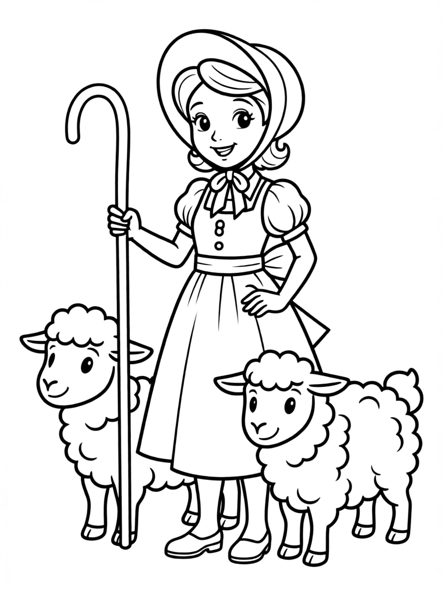 Bo Peep with her sheep, holding her shepherd's crook.