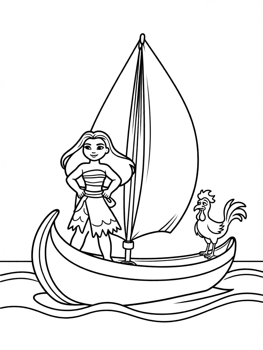Moana sailing her boat, with Heihei the rooster looking seasick.