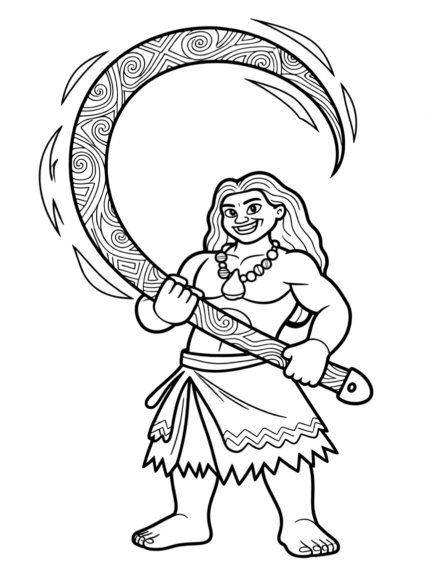 Maui using his magical fish hook, with a mischievous grin.