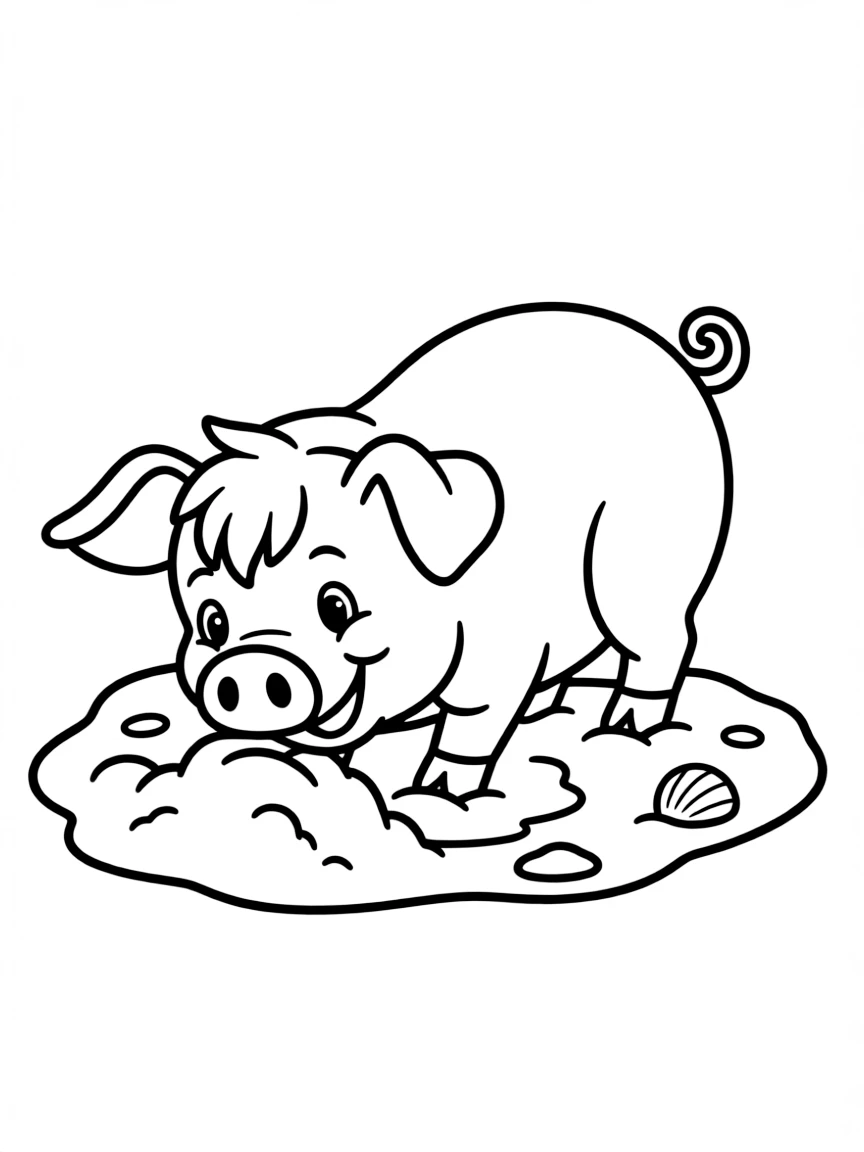 Pua the pig happily rooting around in the sand.