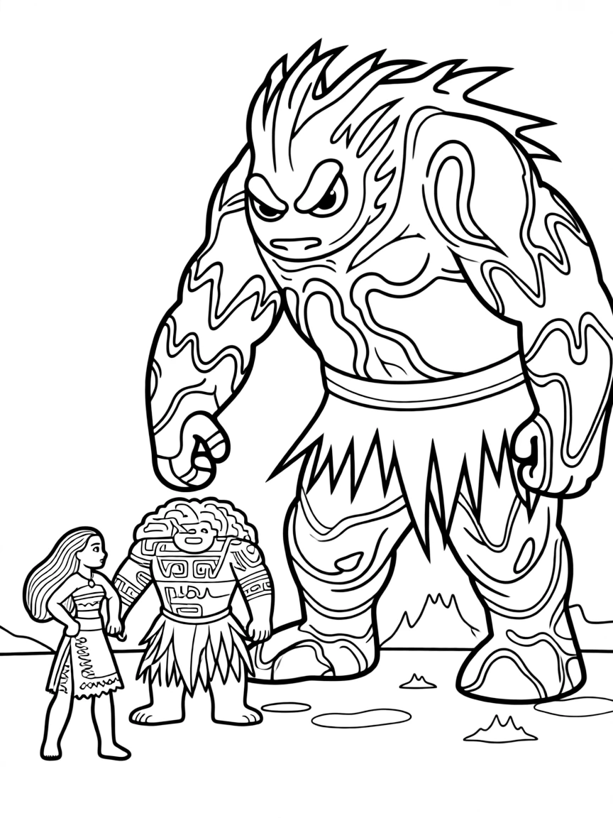 Moana and Maui facing off against the lava monster Te Ka.