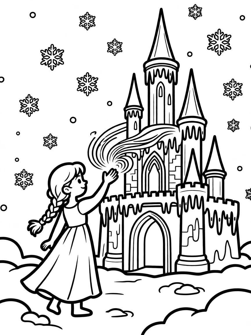Elsa using her ice powers to create a beautiful ice palace, with snowflakes falling.