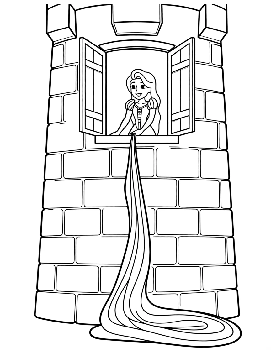 Rapunzel letting down her long, flowing hair from a tower window.