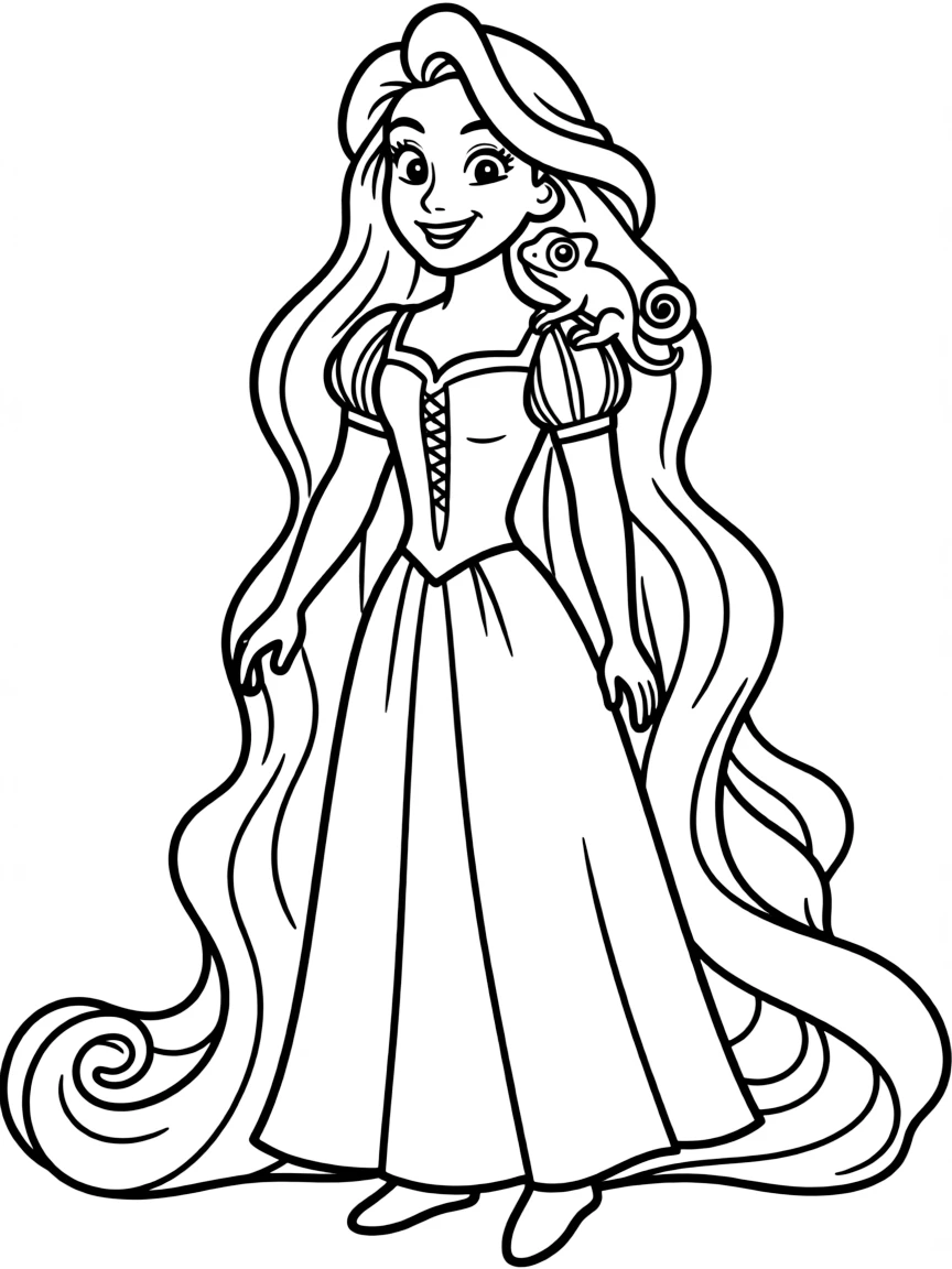 Pascal the chameleon camouflaged on Rapunzel's shoulder.