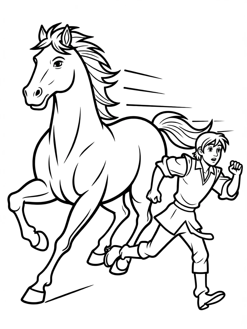 Maximus the horse chasing Flynn Rider, looking very serious.