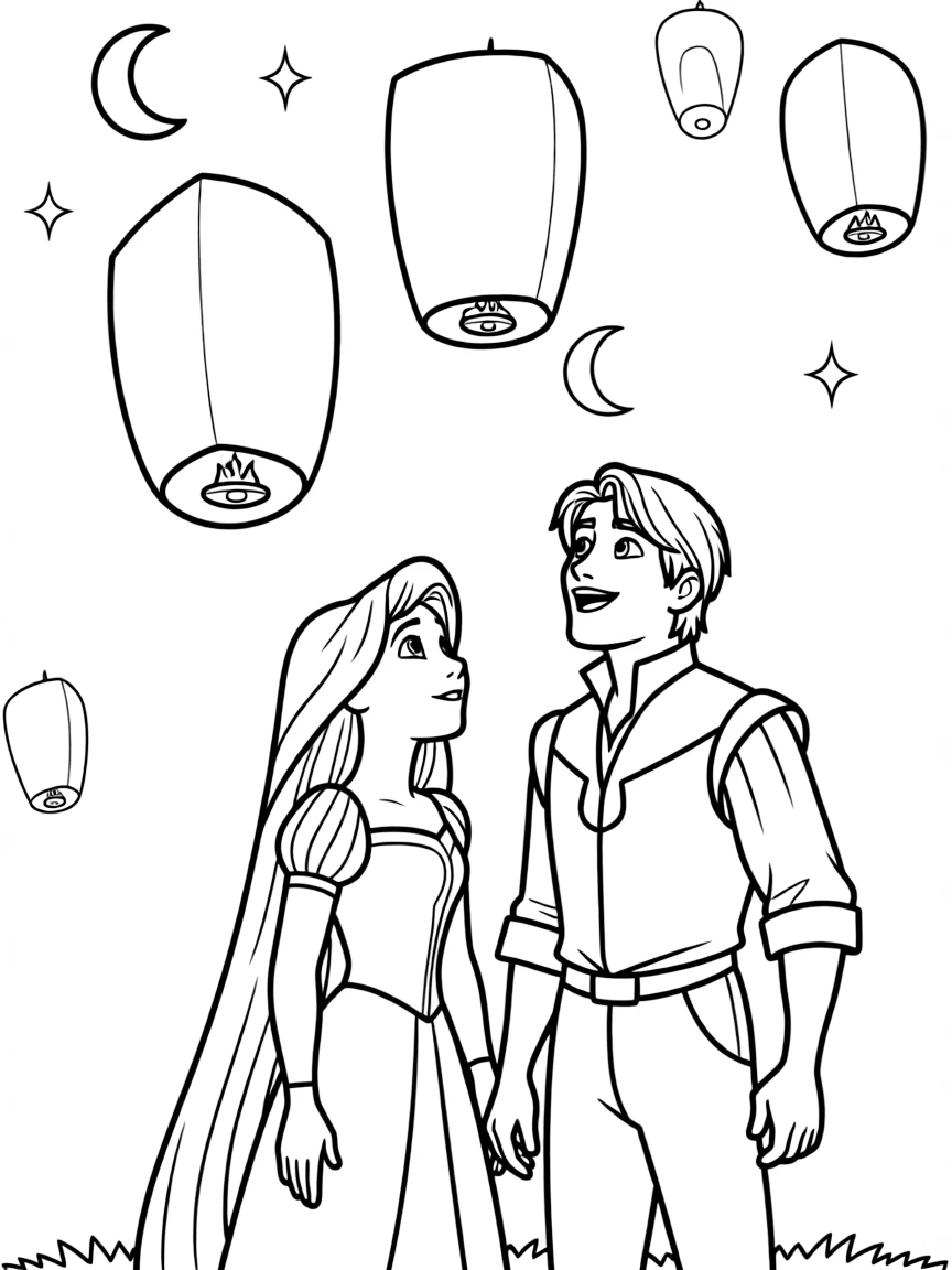 Rapunzel and Flynn Rider watching lanterns float into the night sky.