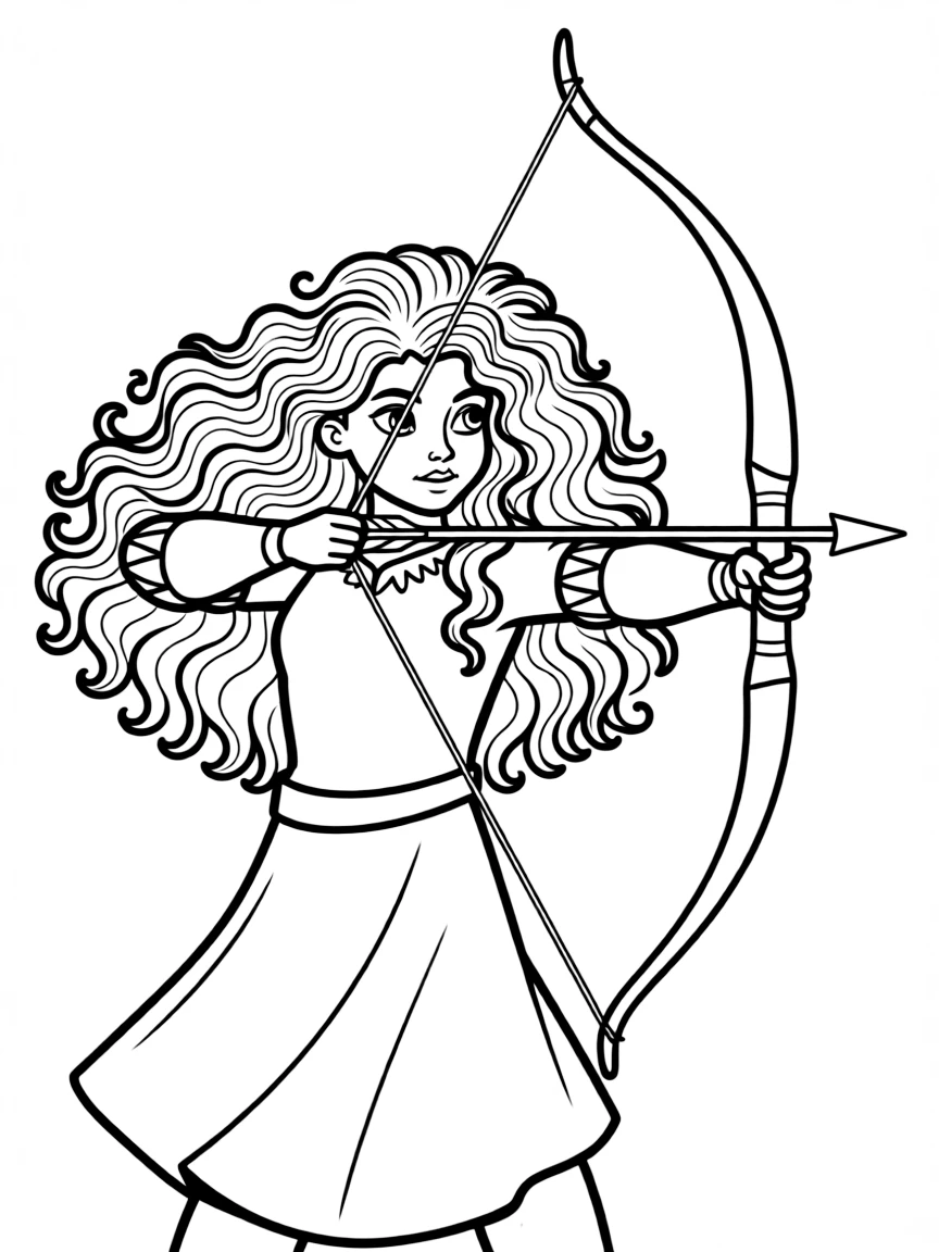 Merida drawing her bow and arrow, with her wild red hair flowing.