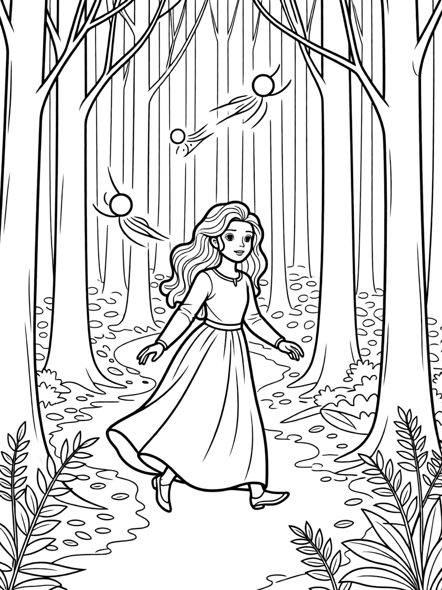 The Will o' the Wisps glowing and leading Merida through the forest.