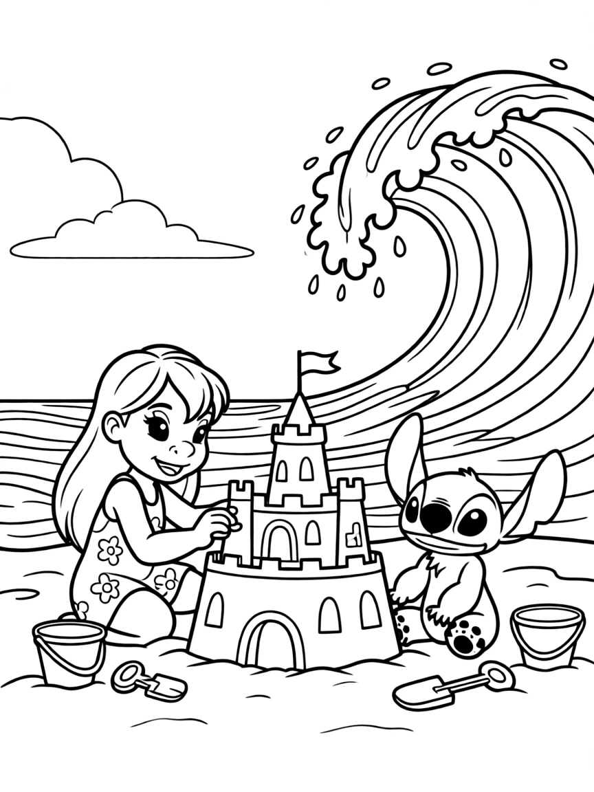 Lilo and Stitch building a sandcastle on the beach, with a big wave crashing.