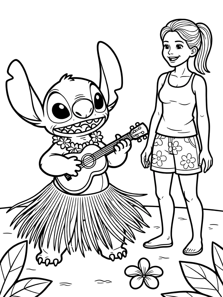Stitch playing the ukulele and dancing hula, with Nani watching.