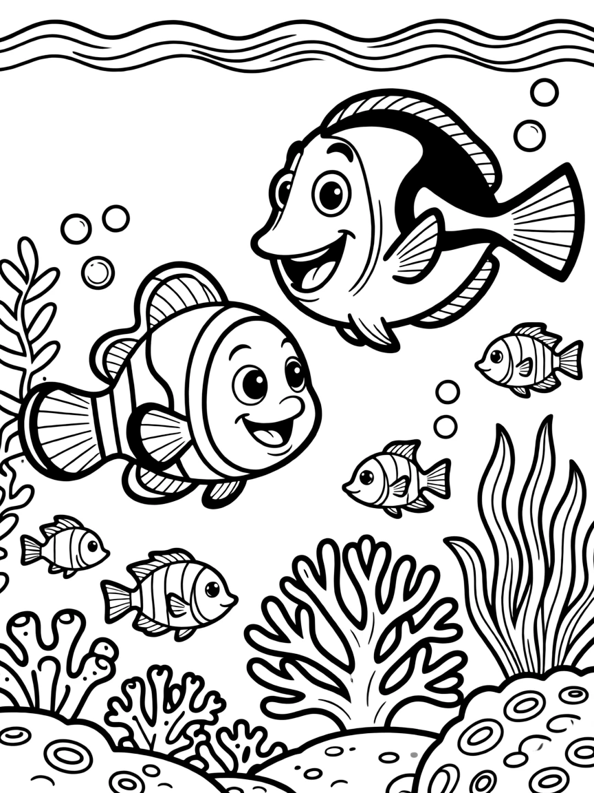 Nemo swimming happily with Dory, surrounded by colorful coral and fish.