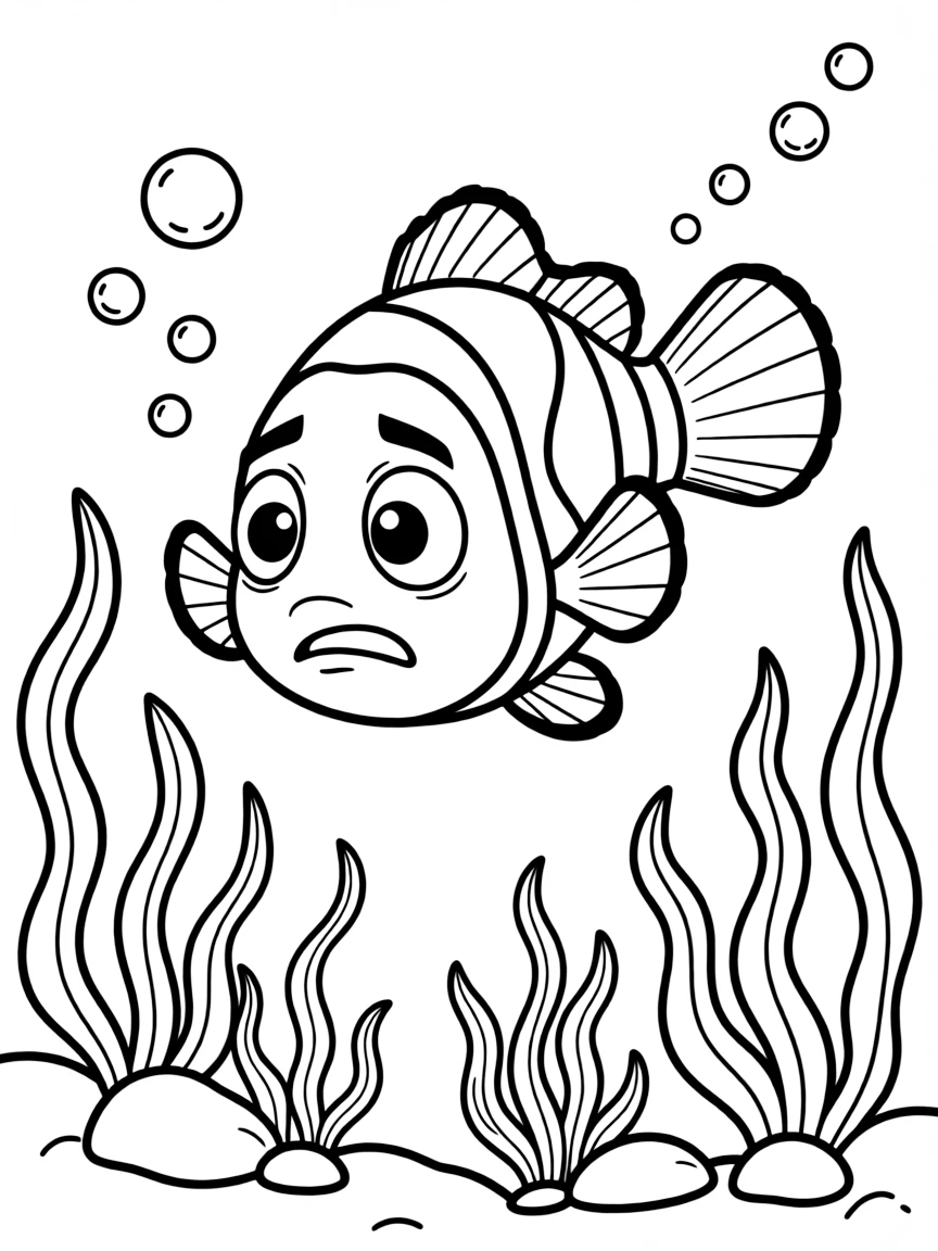 Marlin looking worried but determined, searching for Nemo.