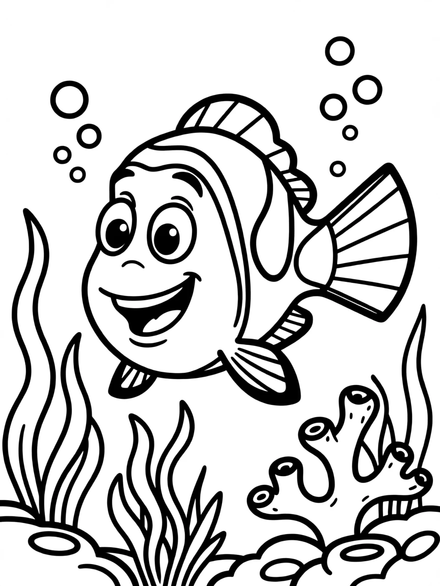 Dory looking forgetful but cheerful, with a big smile.