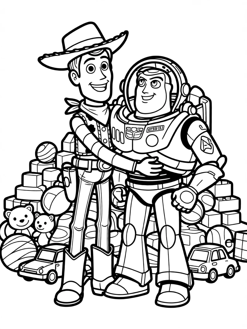 Woody and Buzz hugging, surrounded by a pile of toys.