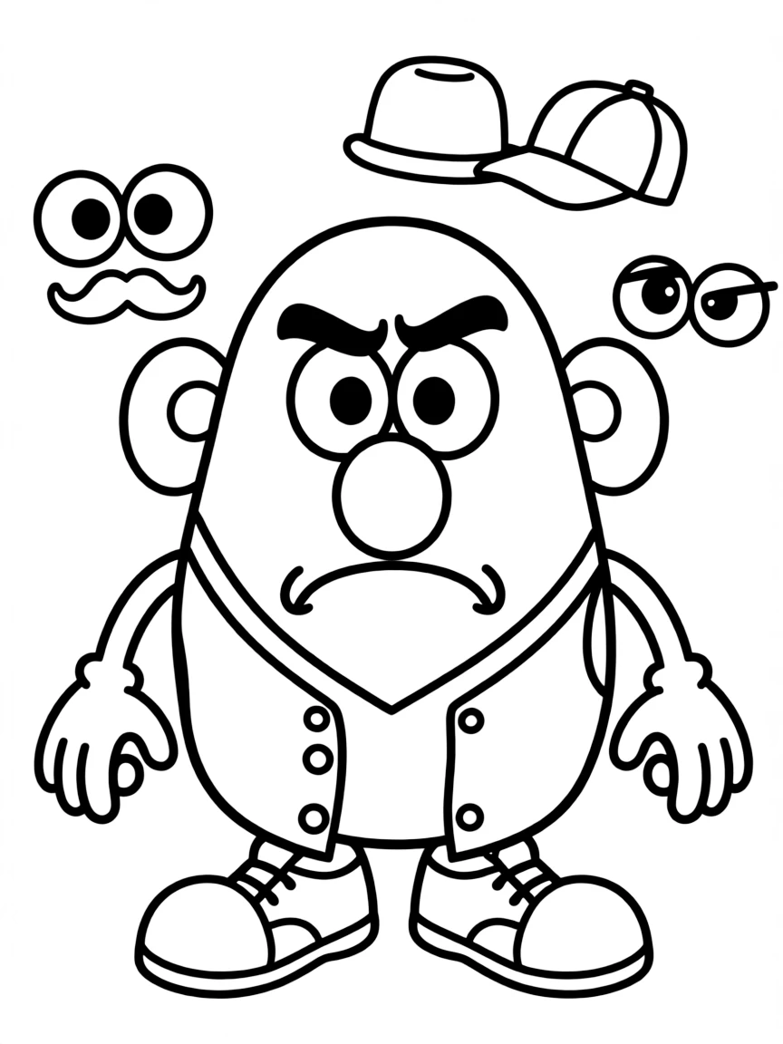 Mr. Potato Head looking grumpy but lovable, with his changeable parts.