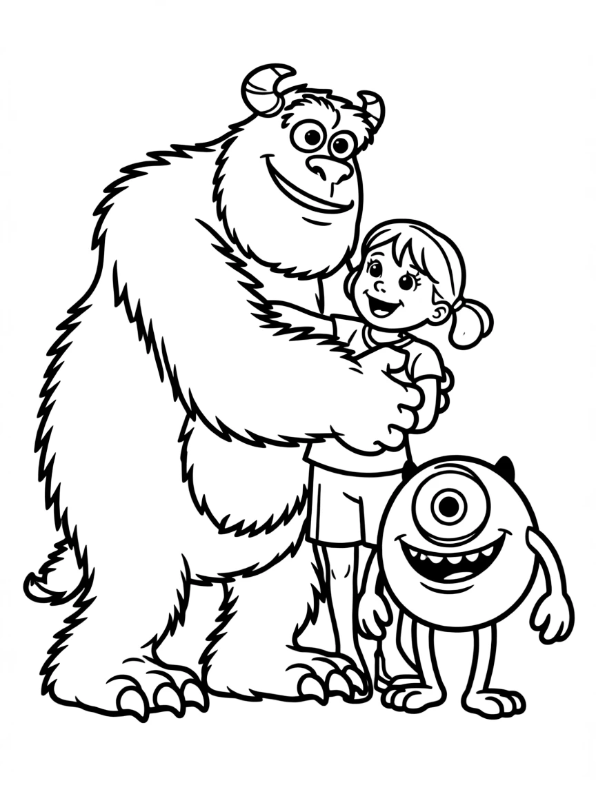 Sulley giving Boo a big hug, with Mike Wazowski smiling.