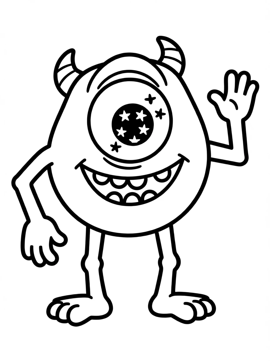 Mike Wazowski telling a joke, with his one big eye twinkling.